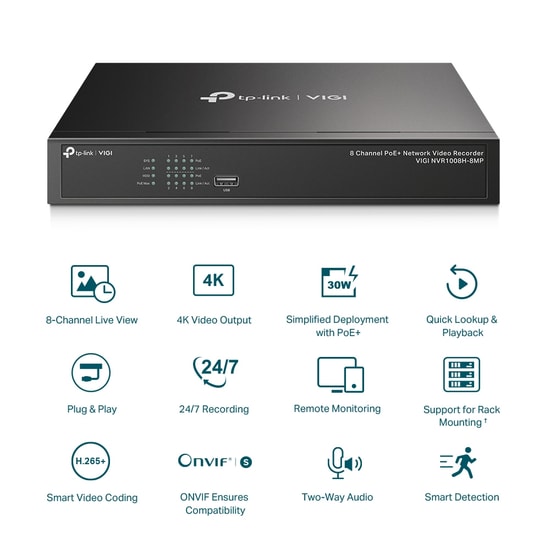 TP-Link VIGI NVR1008H-8MP: 8 Kanal PoE'li 8MP NVR Kayıt Cihazı, H.265+, 1 SATA, ONVIF, 80Mbps Bant Genişliği