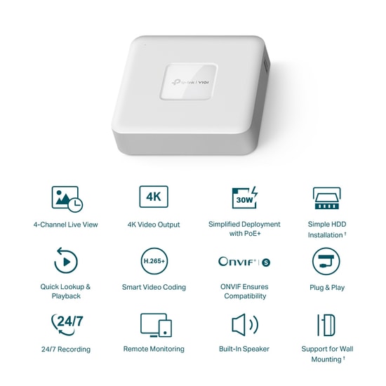 TP-LINK VIGI NVR1104H-4P 4 Kanal PoE NVR Kayıt Cihazı - H.265+, 5MP, Onvif, 4K Görüntü, HDMI/VGA SATA Mobil İzleme