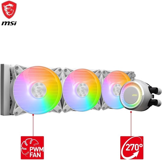 MSI Mag Coreliquid E360 Beyaz ARGB Sıvı İşlemci Soğutucu - 3x120mm PWM Fan, 75CFM Hava Akışı, 3000RPM Pompa, Bakır Plaka