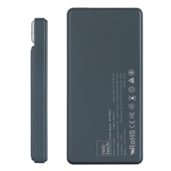 Nettech NT-PW27 25W 3 Çıkışlı 9000 mAh Taşınabilir Powerbank (NT-101064) - Gri, Hızlı Şarj, PD Desteği, Led Pil Gösterge