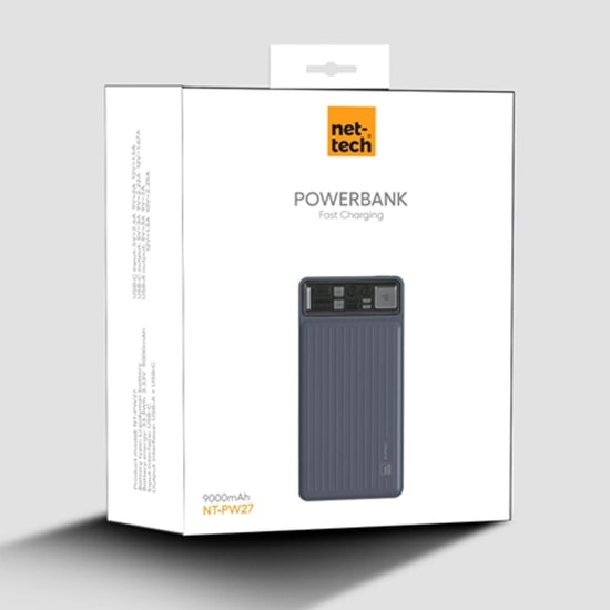 Nettech NT-PW27 25W 3 Çıkışlı 9000 mAh Taşınabilir Powerbank (NT-101064) - Gri, Hızlı Şarj, PD Desteği, Led Pil Gösterge