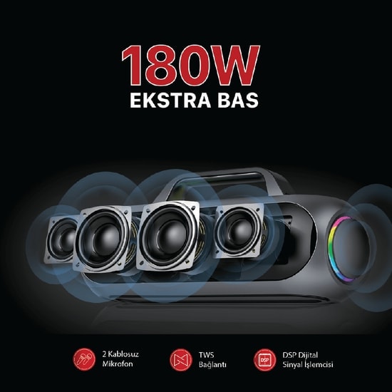 LinkTech M420 Premium Ekstra Bas Bluetooth Hoparlör - 180W RMS, Stereo Ses, Dahili Batarya, Kablolu/Kablosuz Bağlantı