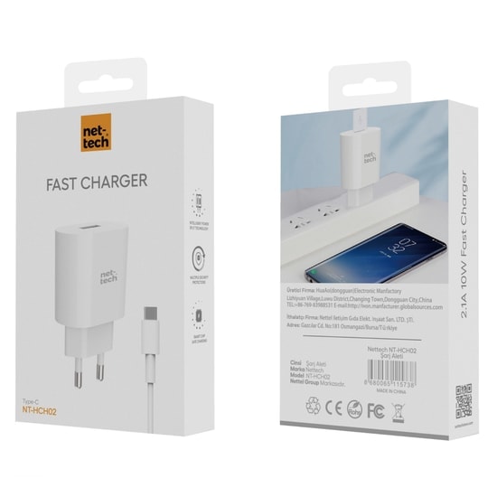 Nettech NT-HCH02 10W Hızlı Şarj Aleti (NT-31156) - Beyaz, Type-C Kablolu, 10.5W, 1 Çıkış, Harici Kablo