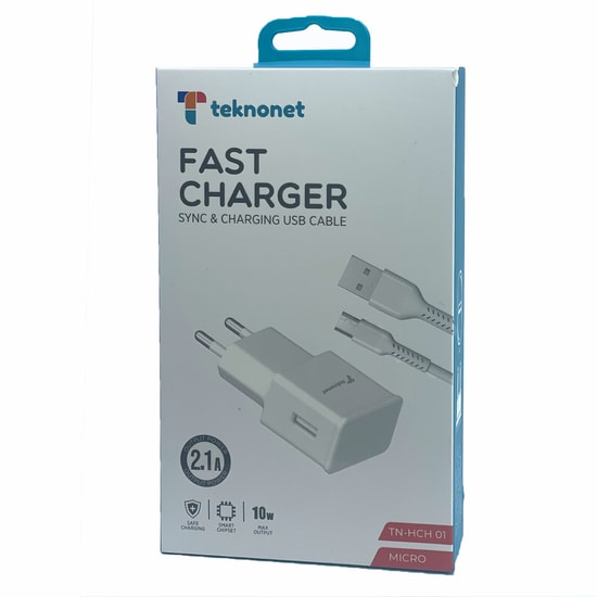 Teknonet TN-HCH01 10W 2100 mAh Micro USB Kablolu Şarj Aleti (NT-92557) - Hızlı Şarj, 10.5W, Beyaz, USB Type-A Çıkışlı