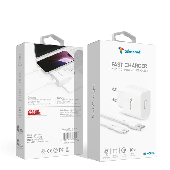 Teknonet TN-HCH06 10W 2100 mAh Lightning Kablo + Şarj Aleti (NT-92562) - Beyaz, Hızlı Şarj, USB Type-A Çıkış