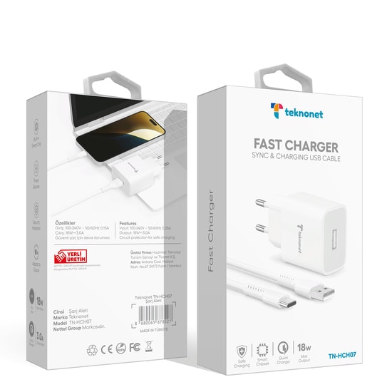 Teknonet TN-HCH07 18W Type-C Kablolu Şarj Aleti (NT-92563) - 3000 mAh, Hızlı Şarj Desteği, 1 USB Çıkışlı, Beyaz