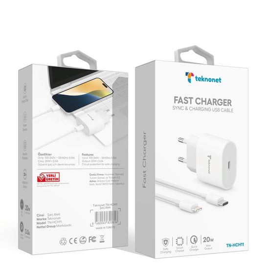 Teknonet TN-HCH11 20W PD Lightning Kablo + Şarj Aleti (NT-98784) - Beyaz, 3000 mAh, Hızlı Şarj, 100 cm Kablo Uzunluğu