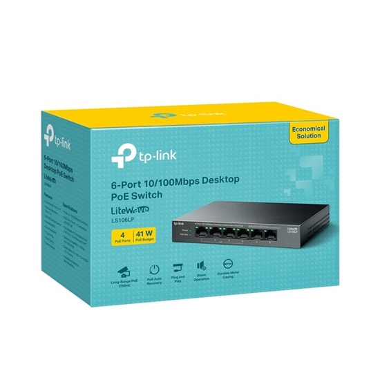 TP-Link LS106LP Switch - 4 Port 10/100Mbps PoE (41W, 250m), 2xRJ45 Uplink, Metal Kasa, Yönetilemez, Tak Çalıştır Anahtar
