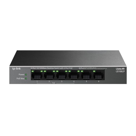 TP-Link LS106LP Switch - 4 Port 10/100Mbps PoE (41W, 250m), 2xRJ45 Uplink, Metal Kasa, Yönetilemez, Tak Çalıştır Anahtar
