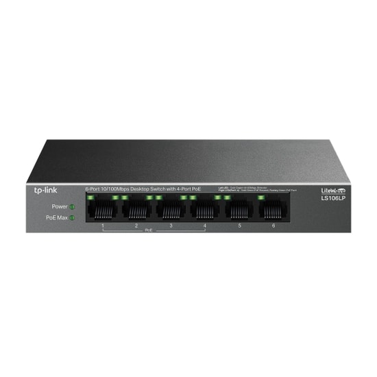 TP-Link LS106LP Switch - 4 Port 10/100Mbps PoE (41W, 250m), 2xRJ45 Uplink, Metal Kasa, Yönetilemez, Tak Çalıştır Anahtar