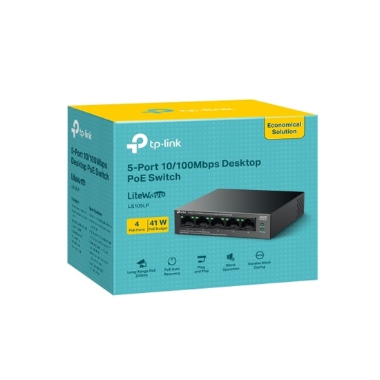 TP-Link LS105LP 5 Port 10/100 Switch - 4x PoE+ (41W), 250m Extend Modu, Metal Kasa, Masaüstü, Tak ve Çalıştır
