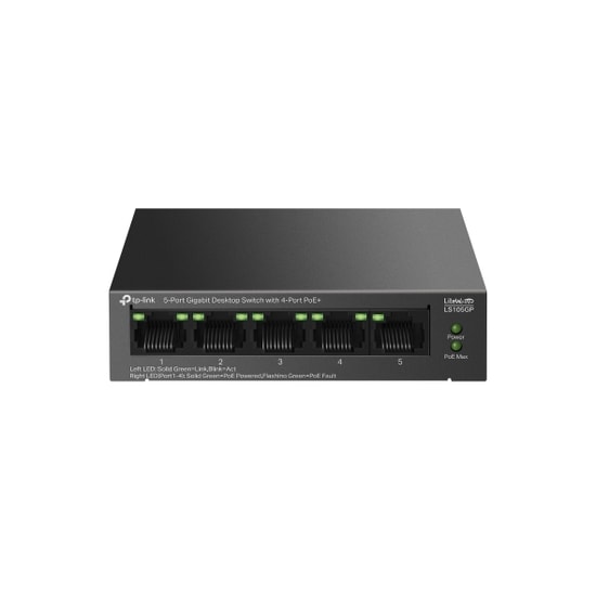 TP-Link LS105GP 5 Port Gigabit PoE+ Switch - 4 Gigabit PoE Portlu, 1 Gigabit Uplink, 65W, Metal Kasa, 250m Kapsama