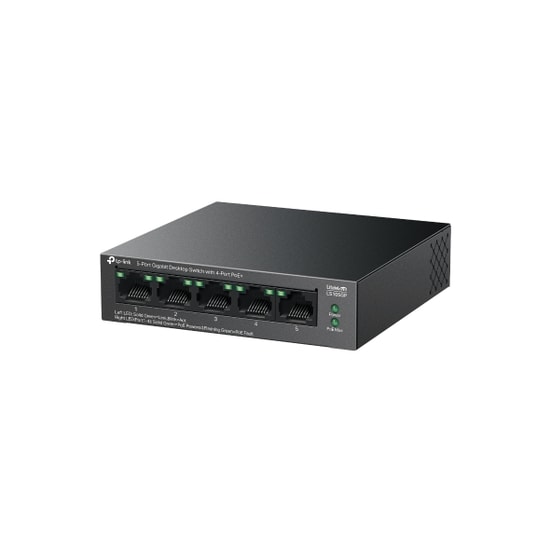 TP-Link LS105GP 5 Port Gigabit PoE+ Switch - 4 Gigabit PoE Portlu, 1 Gigabit Uplink, 65W, Metal Kasa, 250m Kapsama