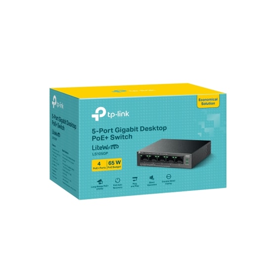 TP-Link LS105GP 5 Port Gigabit PoE+ Switch - 4 Gigabit PoE Portlu, 1 Gigabit Uplink, 65W, Metal Kasa, 250m Kapsama