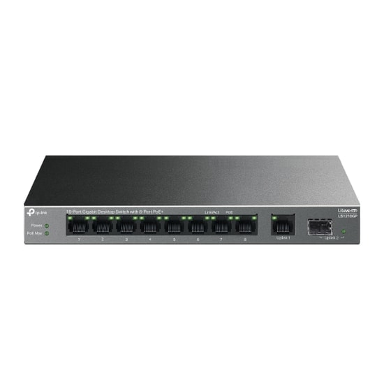 TP-Link LS1210GP 8 Port Gigabit PoE+ Switch - 1xRJ45 Uplink, 1xSFP Uplink, 61W, 250m Menzil, Metal Kasa Switch