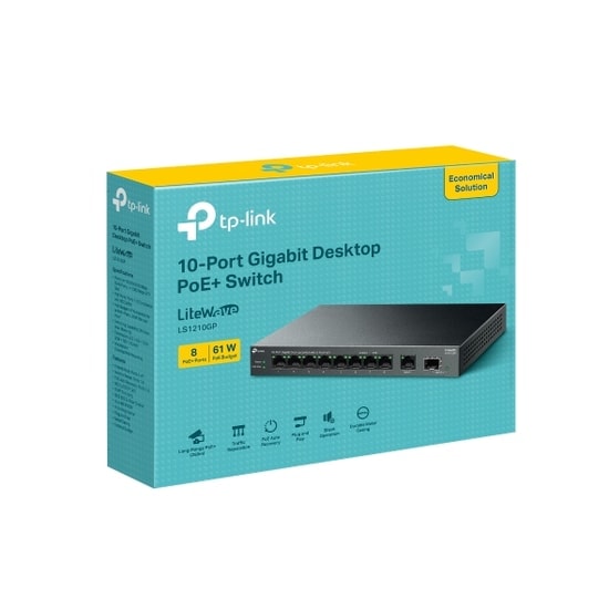 TP-Link LS1210GP 8 Port Gigabit PoE+ Switch - 1xRJ45 Uplink, 1xSFP Uplink, 61W, 250m Menzil, Metal Kasa Switch
