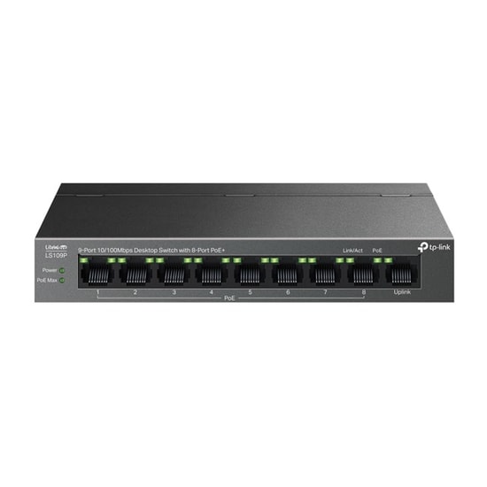 TP-Link LS109P 9 Port Masaüstü Switch: 8 PoE 63W, 1xUplink, 250m PoE Mesafe, Metal Kasa Tak Çalıştır Yönetilemez Anahtar