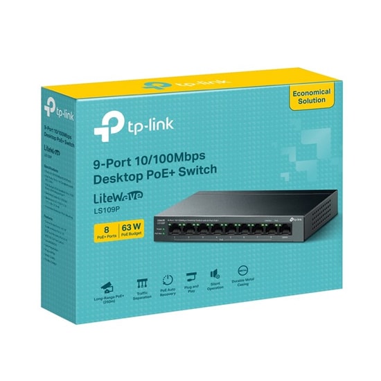 TP-Link LS109P 9 Port Masaüstü Switch: 8 PoE 63W, 1xUplink, 250m PoE Mesafe, Metal Kasa Tak Çalıştır Yönetilemez Anahtar