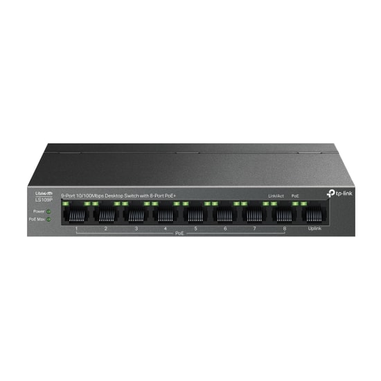 TP-Link LS109P 9 Port Masaüstü Switch: 8 PoE 63W, 1xUplink, 250m PoE Mesafe, Metal Kasa Tak Çalıştır Yönetilemez Anahtar