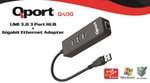 Qport Q-U3G USB 3.0 to Gigabit Ethernet Hub ve 3 Port USB Çoklayıcı - 1000 Mbps Mbps Hız, Tak Çalıştır, Siyah Kasa
