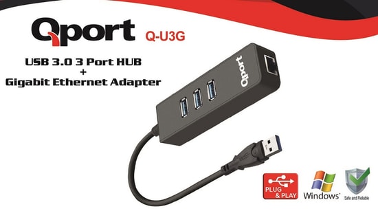 Qport Q-U3G USB 3.0 to Gigabit Ethernet Hub ve 3 Port USB Çoklayıcı - 1000 Mbps Mbps Hız, Tak Çalıştır, Siyah Kasa