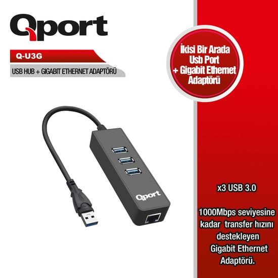 Qport Q-U3G USB 3.0 to Gigabit Ethernet Hub ve 3 Port USB Çoklayıcı - 1000 Mbps Mbps Hız, Tak Çalıştır, Siyah Kasa