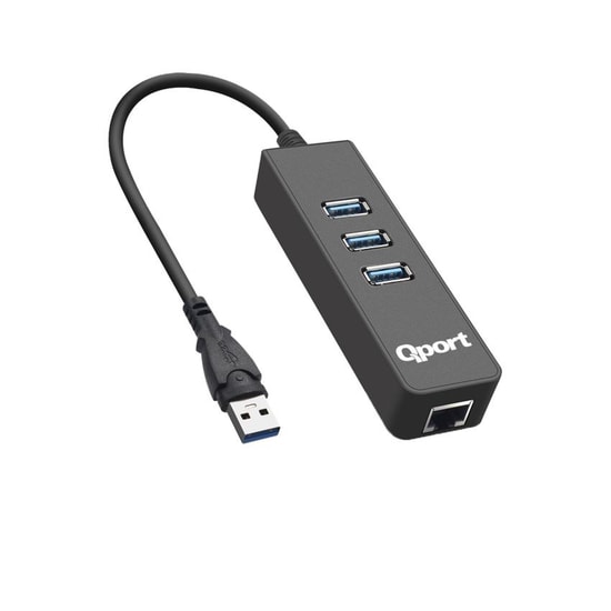 Qport Q-U3G USB 3.0 to Gigabit Ethernet Hub ve 3 Port USB Çoklayıcı - 1000 Mbps Mbps Hız, Tak Çalıştır, Siyah Kasa