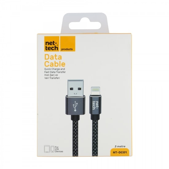Nettech NT-DC01 İp Örgü 300cm Lightning Şarj ve Data Kablosu (NT-31110) - Siyah, Hızlı Şarj Desteği, Görüntü Aktarım