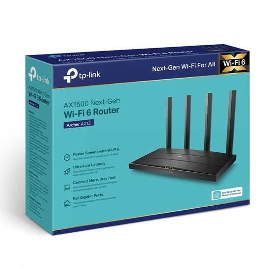 TP-Link Archer AX12 AX1500 Wi-Fi 6 Router - 1201Mbps 5GHz, 300Mbps 2.4GHz, Dual Band, 3x Gigabit LAN, MU-MIMO