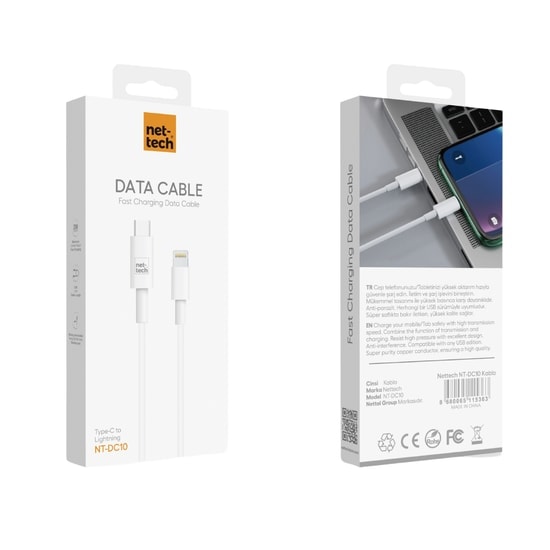Nettech NT-DC10 2.4A 100 Cm Type-C To Lightning Şarj ve Data Kablosu (Beyaz) - Hızlı Şarj, Plastik Tasarım