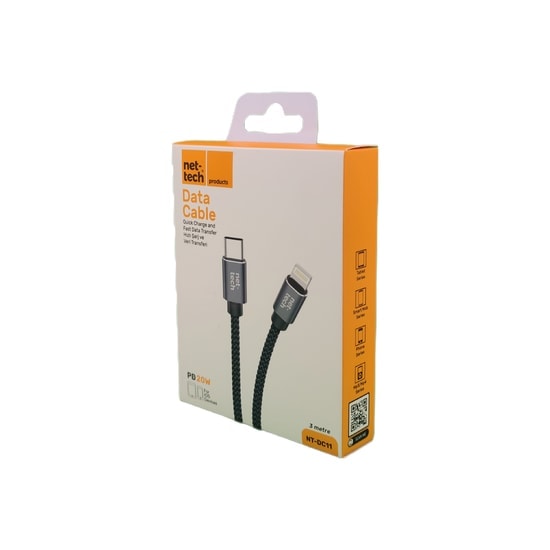 Nettech NT-DC11 PD 20W Type-C To Lightning 300cm İp Örgü Şarj ve Data Kablosu - Siyah, Hızlı Şarj Desteği