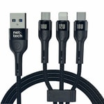 Nettech NT-DC13 100 Cm İp Örgü 18W USB To Micro + Lightning + Type-C Hızlı Şarj ve Data Kablosu (Siyah)