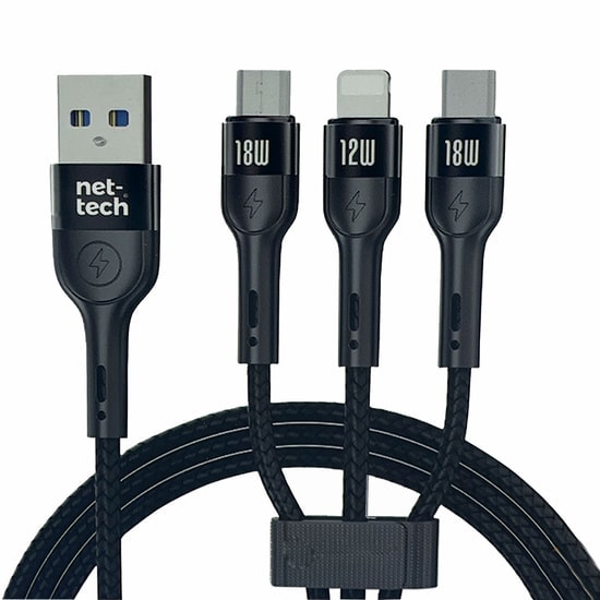 Nettech NT-DC13 100 Cm İp Örgü 18W USB To Micro + Lightning + Type-C Hızlı Şarj ve Data Kablosu (Siyah)