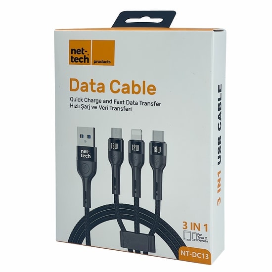 Nettech NT-DC13 100 Cm İp Örgü 18W USB To Micro + Lightning + Type-C Hızlı Şarj ve Data Kablosu (Siyah)