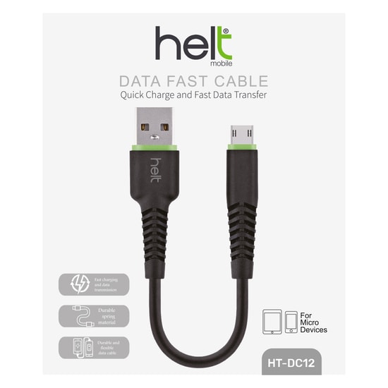 Helt HT-DC12 Siyah 20cm Kısa USB Micro Şarj ve Data Kablosu - Plastik, Micro Uyumlu, Yüksek Hızlı Veri Aktarımı