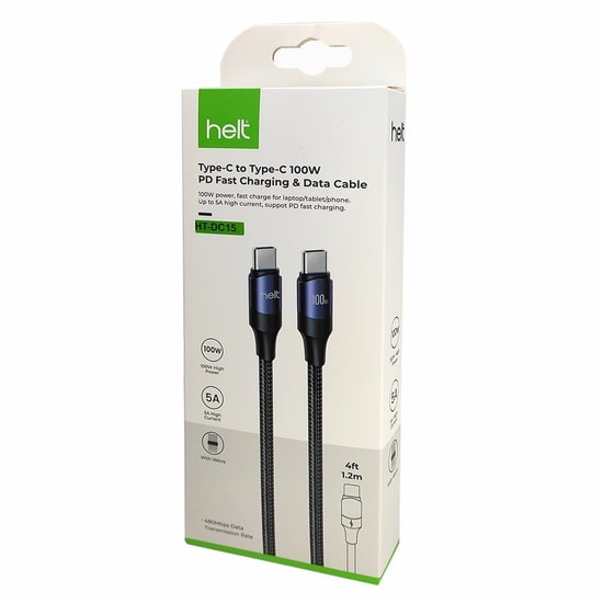 Helt HT-DC15 100W PD Type-C To Type-C İp Örgü Şarj Kablosu (NT-31293) - 120 Cm, Hızlı Şarj ve Veri Aktarımı, Siyah