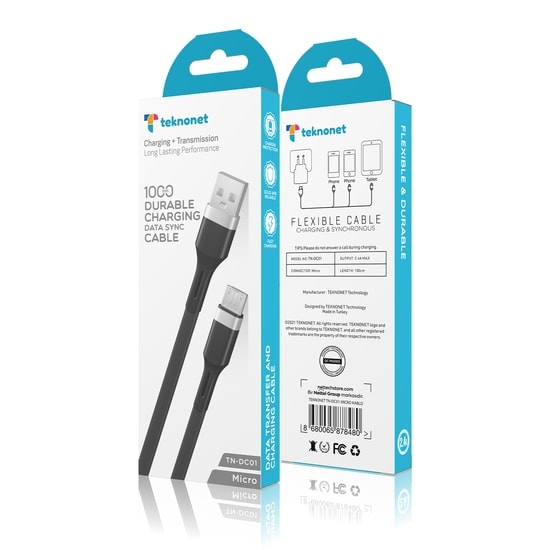 Teknonet TN-DC01 Plastik 100 Cm Micro USB Şarj ve Data Kablosu (NT-92567) - Siyah, 12W Hızlı Şarj, Dayanıklı Yapı