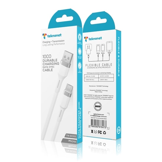 Teknonet TN-DC02 Plastik 100 Cm Micro USB Şarj ve Data Kablosu (NT-92568) - Beyaz, 12W Hızlı Şarj, Dayanıklı Plastik