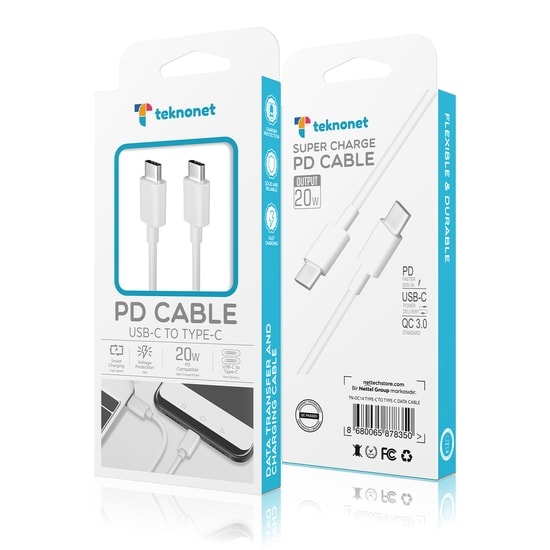 Teknonet TN-DC14 PD 20W Type-C To Type-C Şarj ve Data Kablosu (NT-92580) - Beyaz, 100 cm, Hızlı Şarj, PD ve QC3.0