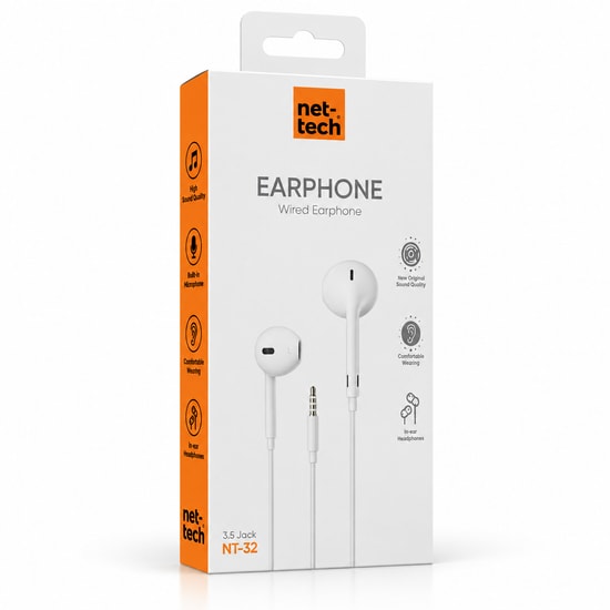 Nettech NT-32 Beyaz 3.5mm Jack Girişli Kulak İçi Kulaklık - Mikrofonlu, 100cm Kablo Uzunluğu, Ev Ofis Kullanımına Uygun