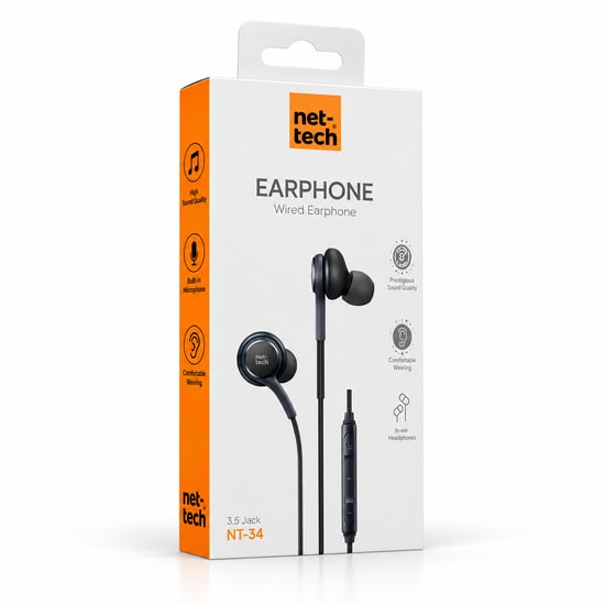 Nettech NT-34 Siyah 3.5mm Jack Girişli Kulak İçi Kulaklık - 105dB Yüksek Ses, Geniş Uyumlu, Kablolu, Mikrofonlu