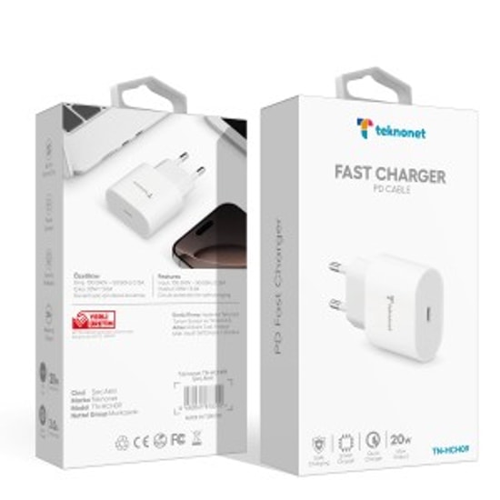 Teknonet TN-HCH09 20W PD 3000 mAh Hızlı Şarj Adaptörü (NT-92564) - Beyaz, Type-C Çıkışlı, 20W Güç, 3A Akım