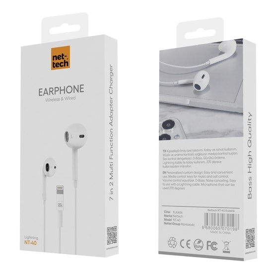 Nettech NT-40 Lightning Kulak İçi Kulaklık Beyaz (VR-14759) - Mikrofonlu, Stereo Ses, 100cm Kablo Uzunluğu, Kumandalı