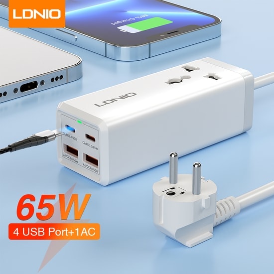 Ldnio SC1418 65W GaN Beyaz PD Şarj Aleti - 4 Çıkışlı, Hızlı Şarj Desteği, USB+Type-C+Priz, Taşınabilir Tasarım