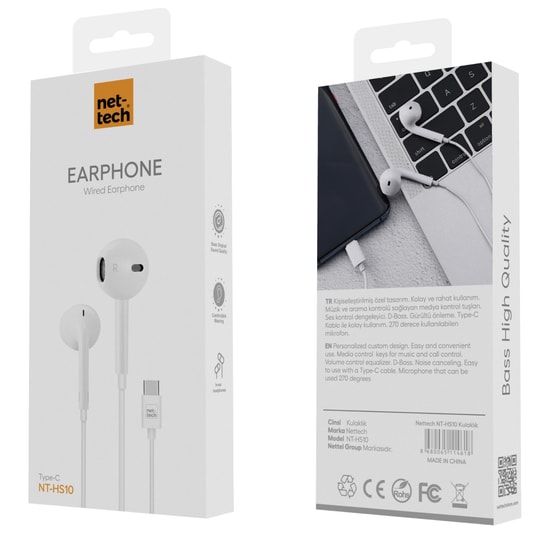Nettech NT-HS10 Type-C Girişli Beyaz Renk Kulak İçi Kulaklık - Yüksek Ses Kalitesi ve Mikrofonlu NT-HS10