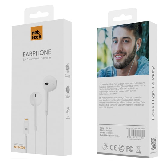 Nettech NT-HS08 Beyaz Kablolu Tak Çalıştır Kulak İçi Kulaklık - Mikrofonlu, Gürültü Önleme, 100cm Kablo
