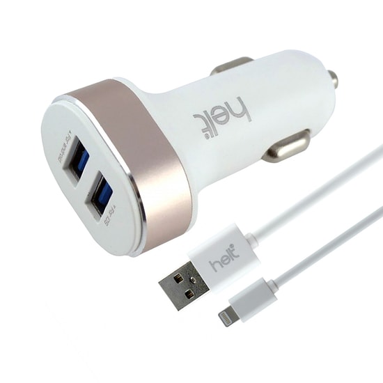 Helt HT-17 12W 2 Çıkışlı Lightning Kablolu Araç Şarj Aleti (NT-14575) - Beyaz, 2 USB-A Çıkışı, Hızlı Şarj, Harici Kablo