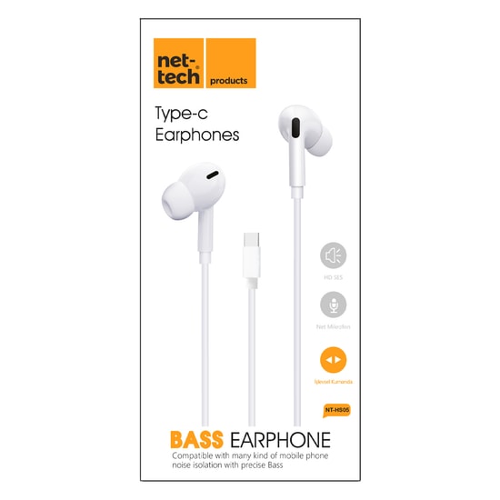 Nettech NT-HS05 Beyaz Type-C Girişli Mikrofonlu Kulak İçi Kablolu Kulaklık - Kumandalı, İthalatçı Garantili