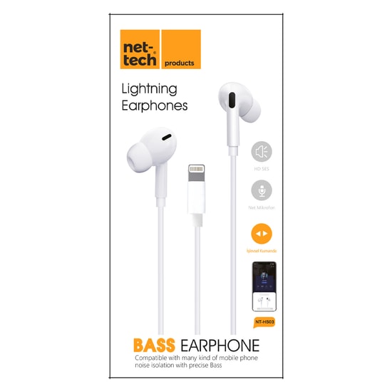 Nettech NT-HS03 Lightning Girişli Beyaz Kulak İçi Kulaklık - Mikrofonlu, Gürültü Önleme, Kablolu, 24 Ay Garantili