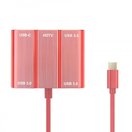 Nettech VR-19694 Type-C to 4K Hdmi Hub (Kırmızı) - 10 Cm Uzunluk, 3x USB A, 5 Girişli Görüntü Aktarım Kablosu